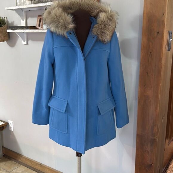 Talbots Albury wool blend faux fur hooded pea coat jacket womens size 4 blue - Picture 1 of 10